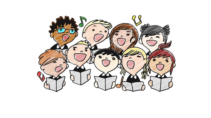 Ein bunt gemischter Kinderchor singt fröhlich in einer Gruppe