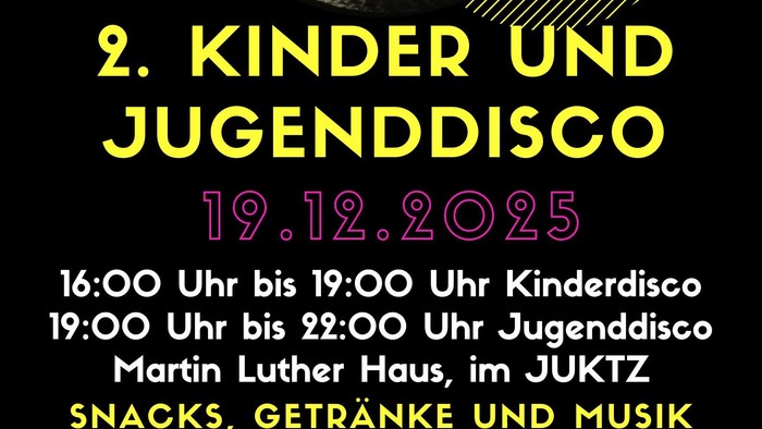 Plakat für eine Kinder- und Jugend-Disco-Veranstaltung am **19. Dezember 2025** mit Zeiten und Aktivitäten.