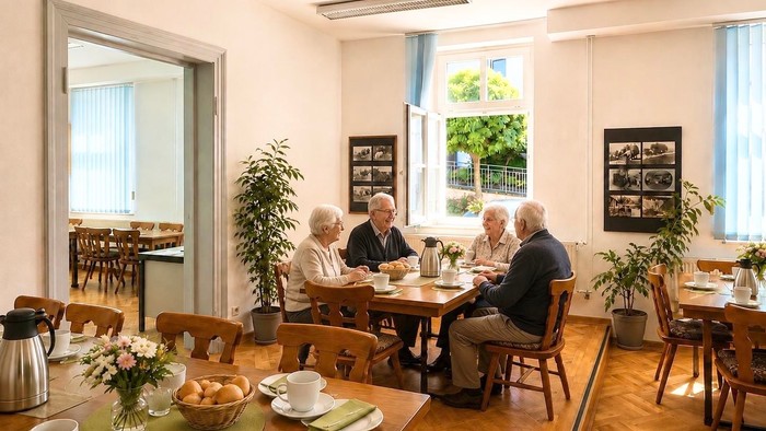 Ein gemütliches Zimmer, in dem sich ältere Menschen um einen Tisch versammeln und Tee sowie Gebäck am Fenster genießen.