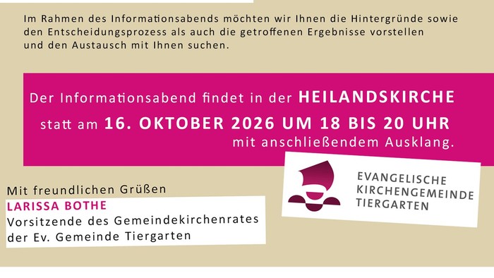 Einladung zur Informationsveranstaltung über sinkende Kirchenmitgliedszahlen und finanzielle Herausforderungen in der Evangelischen Kirchengemeinde Tiergarten.