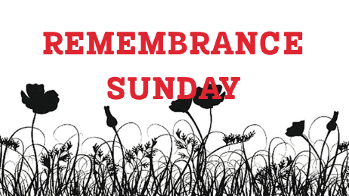 Remembrance Sunday graphic with poppies and text.