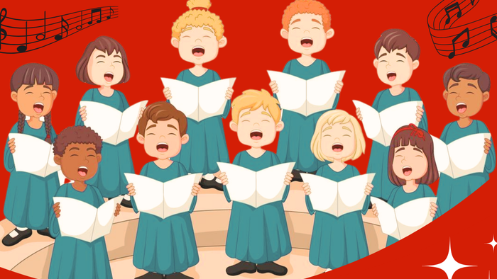 Children's choir singing with sheet music