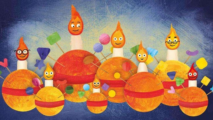 Colorful cartoon characters with flame heads and various accessories, some holding hearts and musical notes, set against a blue background.