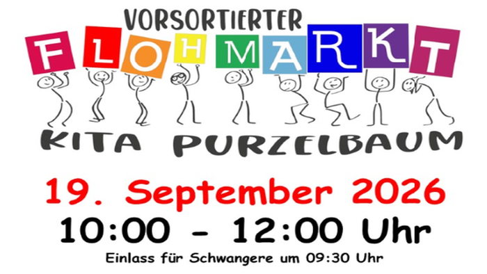 Plakat für einen vorsortierten Flohmarkt in der KITA Purzelbaum am 19. September 2026 von 10:00 bis 12:00 Uhr.