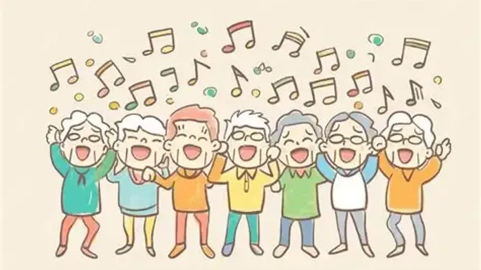 Fröhliche Seniorengruppe singt gemeinsam, während musikalische Noten über ihnen schweben.
