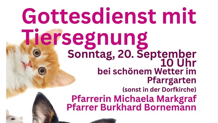 Gottesdienst mit Tiersegnungsveranstaltung mit Haustieren und Geistlichen am 20. September im Freien.