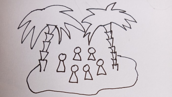 Zeichnung von Palmen und Menschenfiguren am Strand