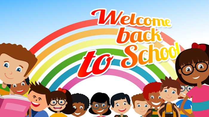 Bunte Cartoon-Kinder feiern „Willkommen zurück in der Schule“ unter einem Regenbogen mit fröhlichen Gesichtern.