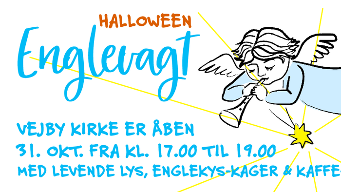 Halloween-englevagt med levekys, kaffebønner og aktiviteter for børn.