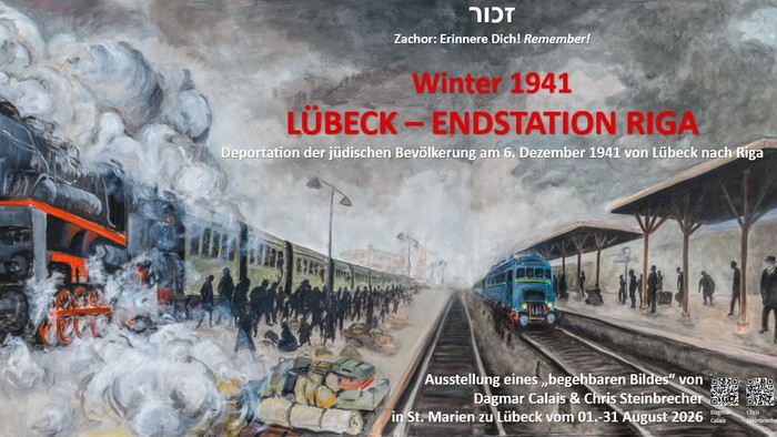 Historisches Gemälde, das die Deportation der jüdischen Bevölkerung Lübecks nach Riga im Jahr 1941 mit einem Dampfzug darstellt.