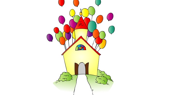 Ein Haus mit vielen bunten Ballons.