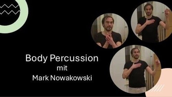 Werbliche Grafik für einen Body-Percussion-Workshop mit Mark Nowakowski und Lehrfotos.