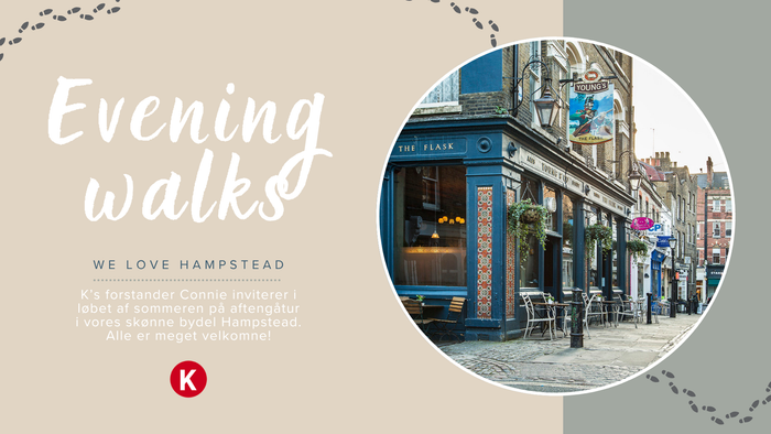 Reklameplakat for aftenvandringer i charmerende Hampstead med hyggelige gadeudsigter og indbydende tekst.