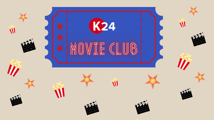 K24 Biografklub billetgrafik med popcorn- og klaptræudsmykning.