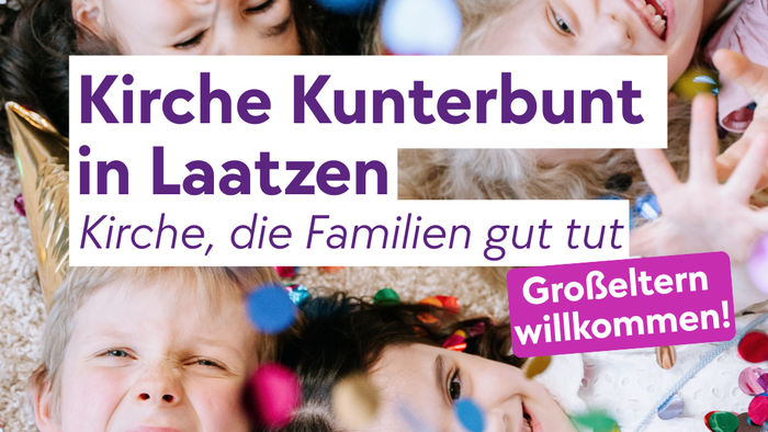 Bunte Kirchenveranstaltungsplakate, die Großeltern mit Oster- und Familienaktivitäten sowie Details zu Orten willkommen heißen.