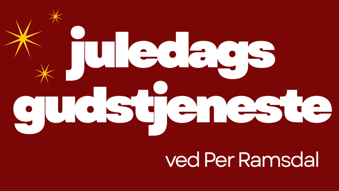 Julegudstjeneste-annoncering med **Per Ramsdal** i hvid fed skrift på rød baggrund.