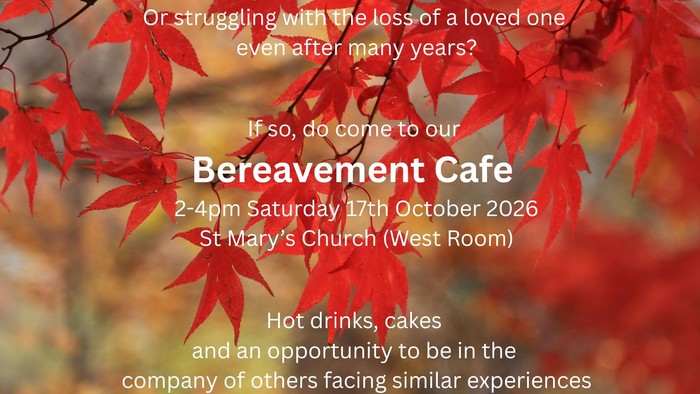 An invitation for a Bereavement Cafe offering support, hot drinks, and cakes for those grieving.
