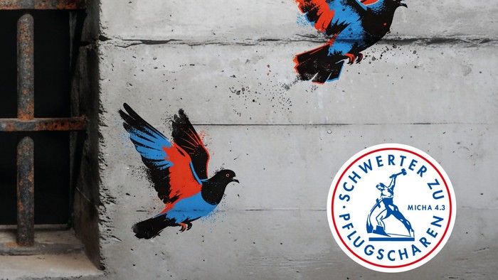 Plakat zur Förderung mutigen Widerstands mit Vögeln und einem Logo für eine Friedenskampagne, das deutschen Text und eine Website enthält.