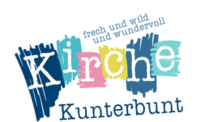 Buntes, verspieltes Logo für „Kirche Kunterbunt“ mit dem Slogan *„frech und wundervoll“*, was so viel bedeutet wie „mutig und wunderbar“.