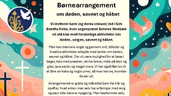 Et farverigt børnebegravelsesarrangementsflyer med aktiviteter om død, sorg og håb i en kirkelig ramme.