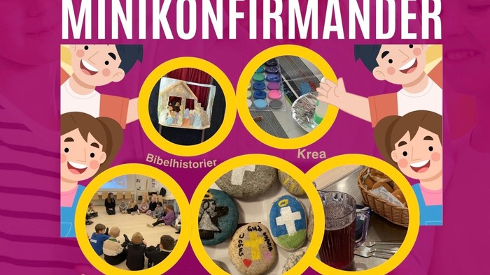 Lilla baggrund, gule bobler med fotos af krea, maling, børn i gruppe, saftevand og boller, i kanterne i hver side tegninger adf to glade børn der vinker