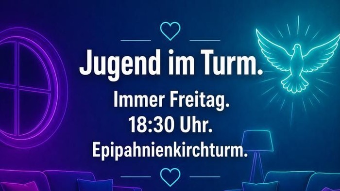 „Anzeige für Jugendtreffen im Epiphany-Kirchturm jeden Freitag um 18:30 Uhr mit Austausch, Gebet und Pasta.“