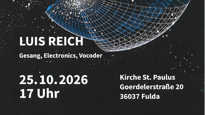 Plakat für ein Raumklang-Konzert von Luis Reich am 25. Oktober 2026 mit Gesang, Elektronik und Vocoder.