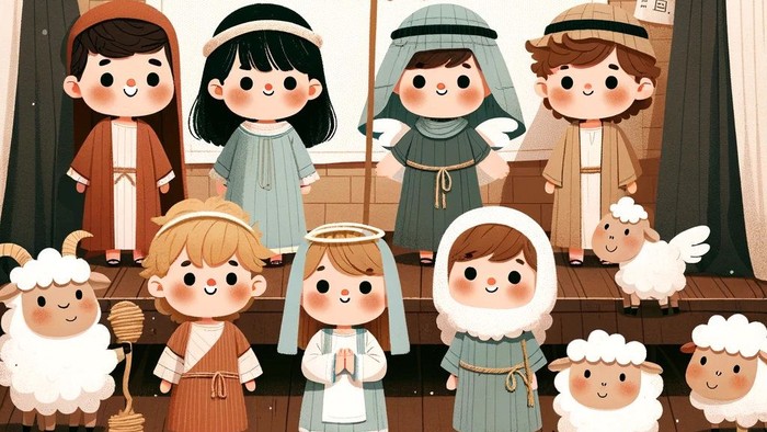Kinder, verkleidet als Figuren der Weihnachtskrippe, darunter Maria, Josef und Engel, mit Schafen und einem Stern über ihnen.