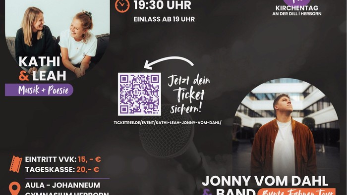 Plakat für Live-Musikauftritte von Kathi & Leah und Jonny vom Dahl beim Kirchentag in Herborn am 12. September 2026.