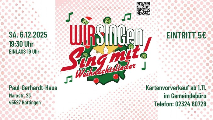 **Flyer für das Weihnachtsliedersingen** **am 6. Dezember 2025** **im Paul-Gerhardt-Haus, Hattingen** **Beginn: 19:30 Uhr** **Eintritt: 5 Euro**