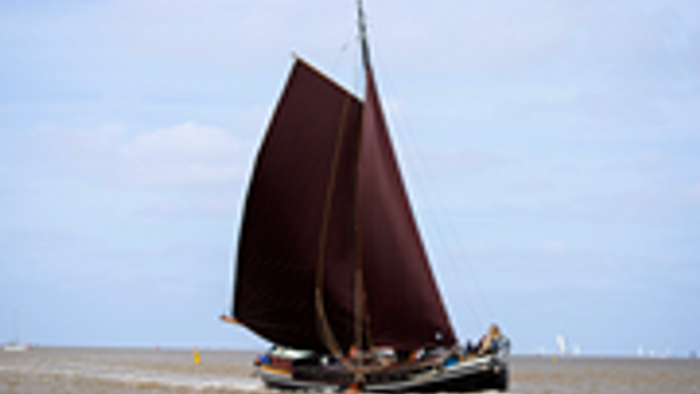 Ein Segelboot mit braunem Segel fährt auf dem Meer.