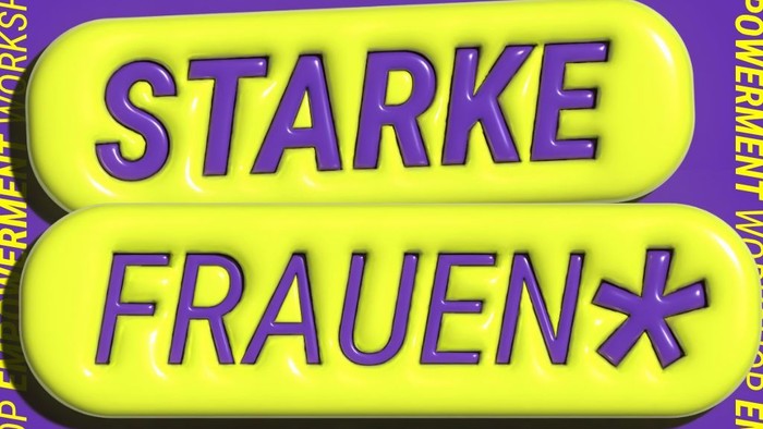 Zwei gelbe Button mit lila Aufschrift und schwarzem Schatten. Auf dem oberen steht 