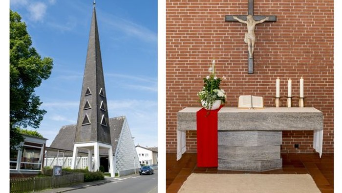 Kirchenäußeres mit hohem Kirchturm, Innenraum mit Kruzifix und Altar.