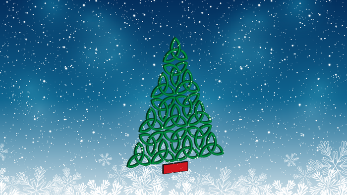 Green Celtic Christmas tree with red ribbon on snowy background