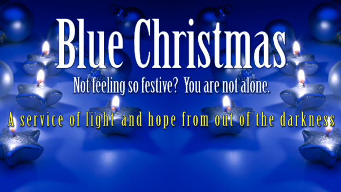 Blue Christmas message with floating candles and ornaments.