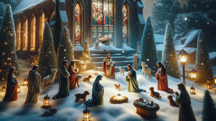 Eine Weihnachtskrippe vor einer Kirche im Schnee