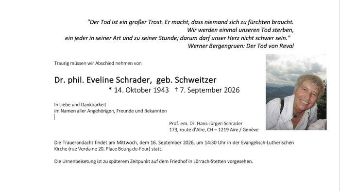 Traueranzeige Evelyn Schrader mit Bild