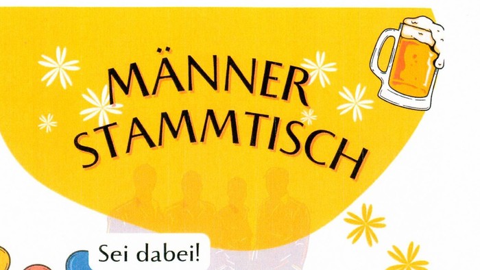 Einladungsplakat für eine Männer-Treffen-Veranstaltung mit Angaben zum ersten Treffdatum, Uhrzeit und Ort.
