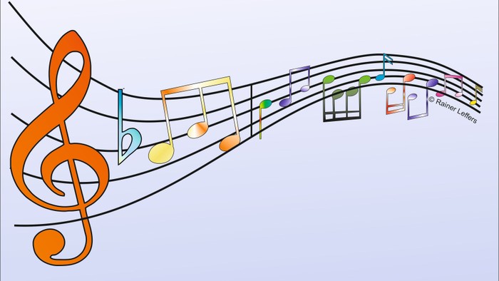 Bunte musikalische Noten und Symbole, die aus einem Violinschlüssel fließen und Musik und Kreativität symbolisieren.
