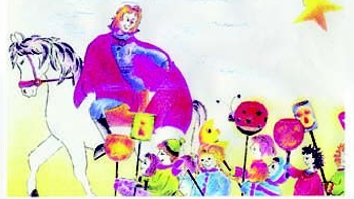 Eine verspielte Szene eines Hofnarren, der auf einem Pferd reitet und Kinder mit bunten Luftballontieren unter einem sternenklaren Himmel anführt.