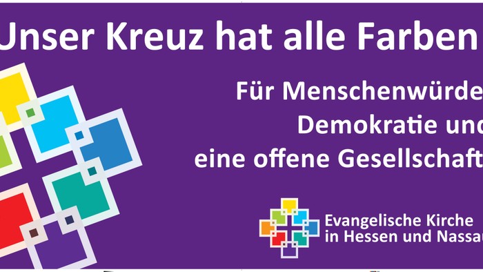 Buntes Kreuz als Symbol für Vielfalt für Menschenwürde, Demokratie und offene Gesellschaft der Evangelischen Kirche in Hessen und Nassau.