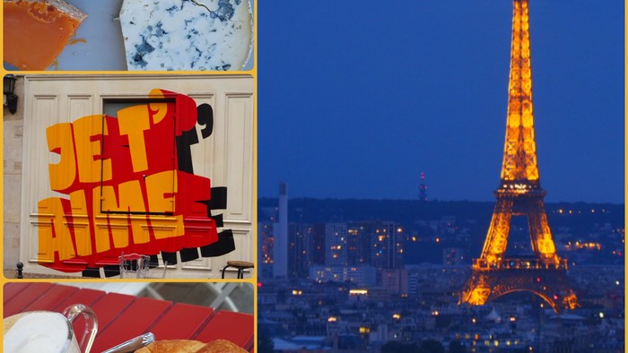 Ein Pariser Collage mit Käse, Croissants, Café-Kultur und dem bei Dämmerung beleuchteten Eiffelturm.