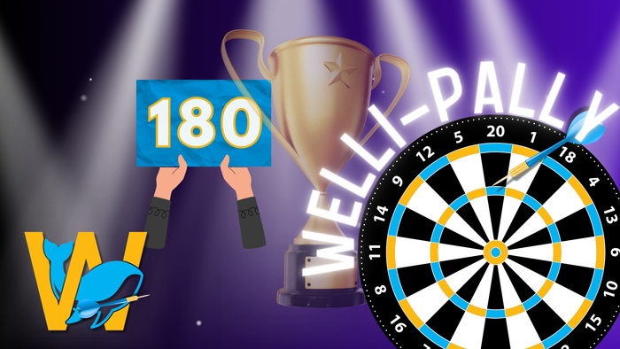 Illustrative Grafik, die einen hohen Punktestand von 180 in einem Welli-Pall-Dartspiel mit einer Trophäe und einer Dartscheibe feiert.