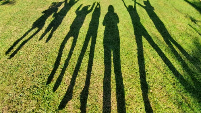 Schatten von Menschen auf einer grasbewachsenen Wiese.