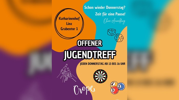 „Offener Jugendtreff-Flyer für Donnerstagabende im Katharinahof Linz mit Spielen und Snacks von 17–18 Uhr.“