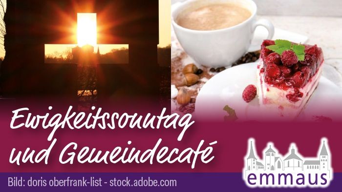 Werbesujet für die Veranstaltung Ewigkeitssontag mit Kaffee, Kuchen und einer Kirchensilhouette bei Sonnenuntergang.