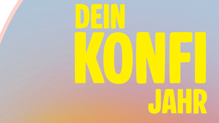 Buntes Plakat, das zur Auseinandersetzung mit Glauben, Gemeinschaft und persönlicher Entwicklung während des Konfirmandenjahres einlädt.