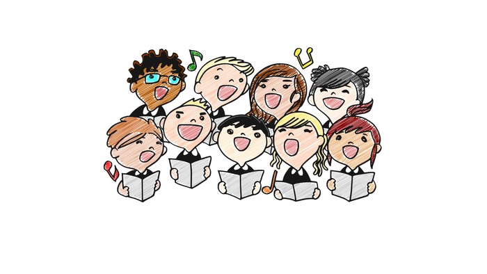Eine Gruppe von Kindern singt in einem Chor, jeder hält ein Notenbuch