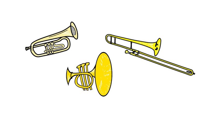 Das Bild zeigt drei Blechblasinstrumente: eine Trompete, eine Posaune und ein Horn.