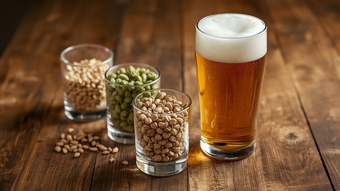 Gläser mit Gersten-, Hopfen- und Weizenkörnern neben einem hohen Glas Bier auf einem Holztisch.